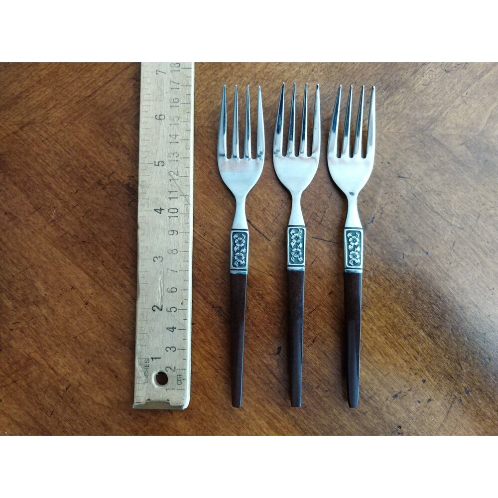 Lot 3x Salad Fork Ekco Eterna La Joya Stainless Faux Wood MCM EKS14 6.5"